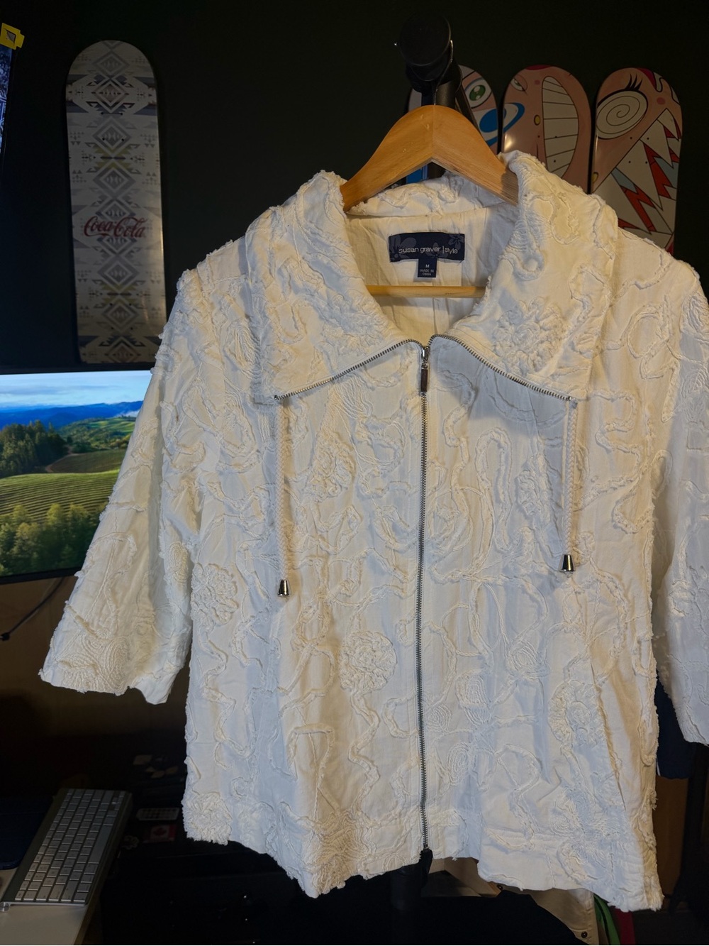 Susan Graver Style Floral Zip Jacket in White Size Medium